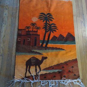 Vintage WOOL CAMEL DESERT BLANKET Fring Serape Throw Bedspread Wall Art Tapestry